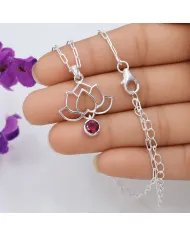 Ruby Lotus Pendant Necklace 925 Sterling Silver Round Gemstone
