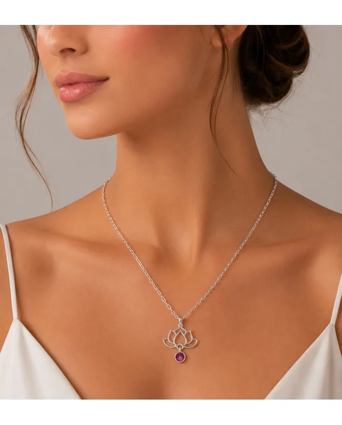 Ruby Lotus Pendant Necklace 925 Sterling Silver Round Gemstone