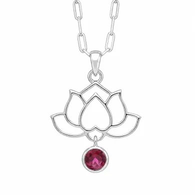 Ruby Lotus Pendant Necklace 925 Sterling Silver Round Gemstone