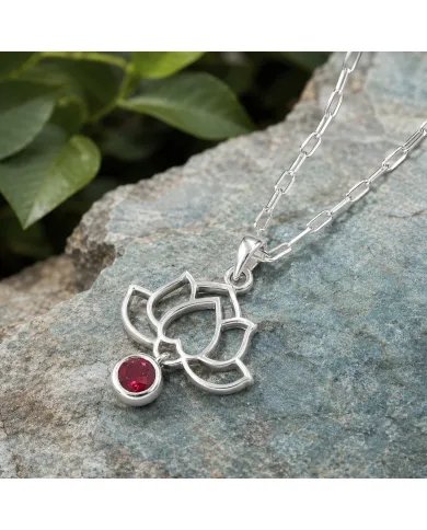 Ruby Lotus Pendant Necklace 925 Sterling Silver Round Gemstone