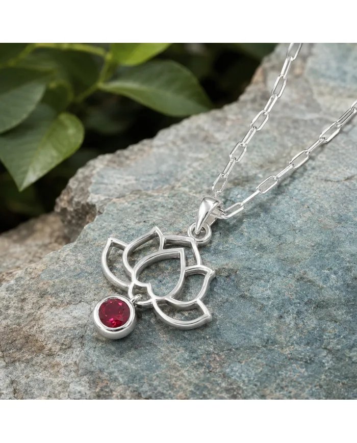 Ruby Lotus Pendant Necklace 925 Sterling Silver Round Gemstone