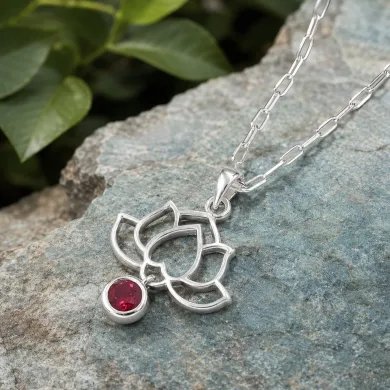 Ruby Lotus Pendant Necklace 925 Sterling Silver Round Gemstone