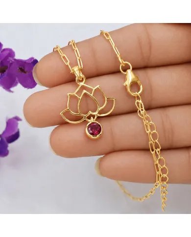 18K Gold Plated Lotus Pendant Silver Necklace with Ruby Gemstone
