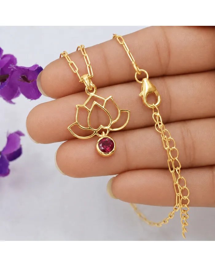 18K Gold Plated Lotus Pendant Silver Necklace with Ruby Gemstone
