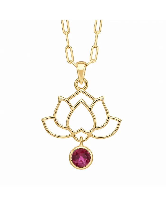 18K Gold Plated Lotus Pendant Silver Necklace with Ruby Gemstone