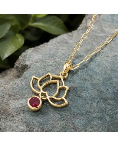 18K Gold Plated Lotus Pendant Silver Necklace with Ruby Gemstone
