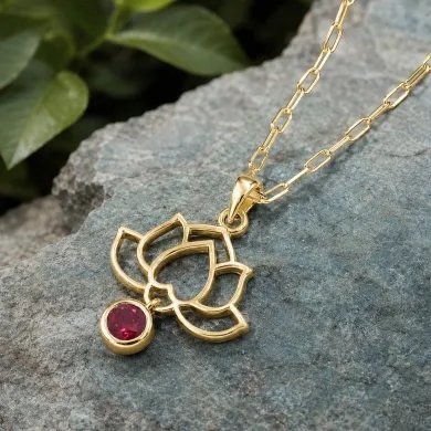 18K Gold Plated Lotus Pendant Silver Necklace with Ruby Gemstone