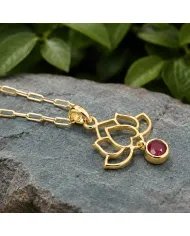 18K Gold Plated Lotus Pendant Silver Necklace with Ruby Gemstone