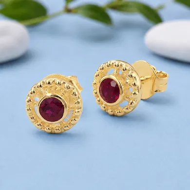 Ruby Stud Earrings – 18K Gold Plated 925 Sterling Silver Handmade Gift
