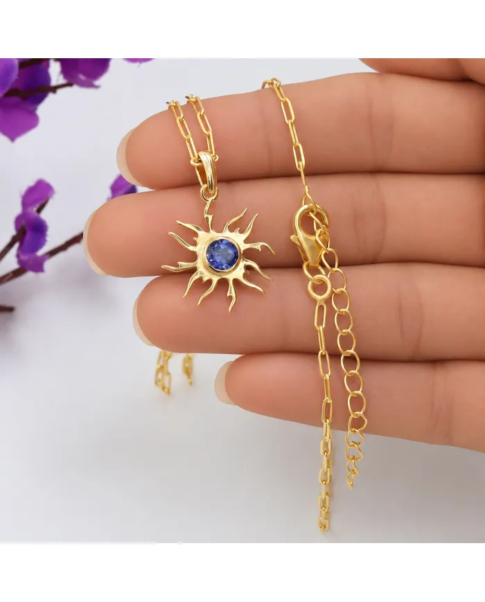 18K Gold Plated Tanzanite Sun Pendant Necklace in 925 Sterling Silver
