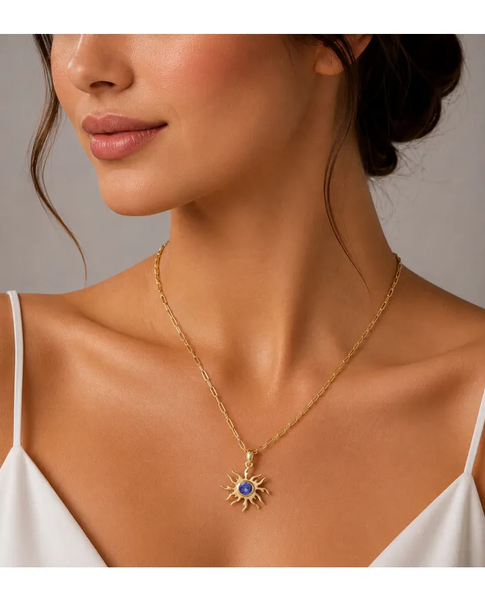 18K Gold Plated Tanzanite Sun Pendant Necklace in 925 Sterling Silver