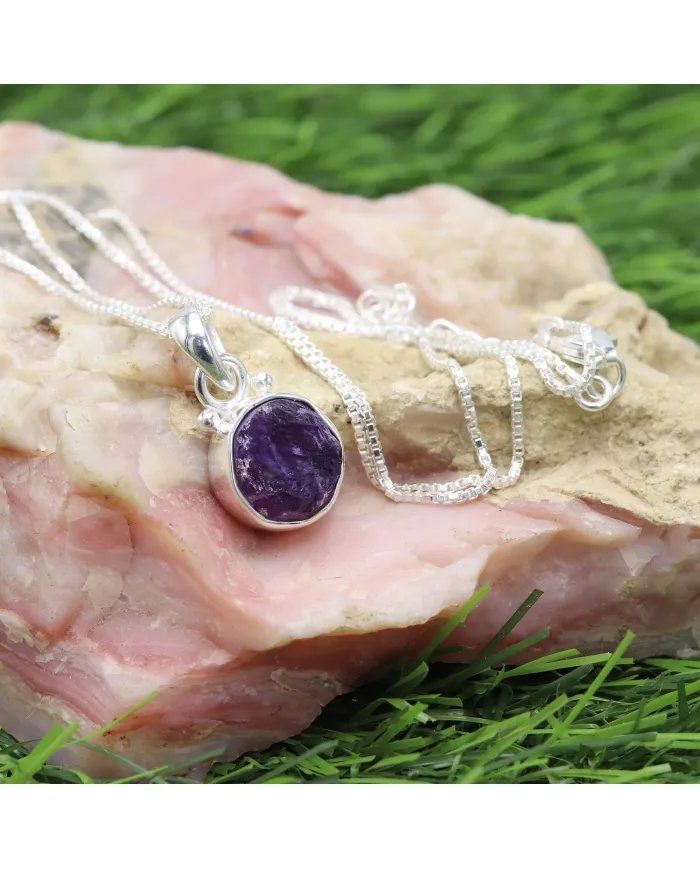 Handmade Sterling Silver Pendant Raw Amethyst Gemstone Statement Necklace