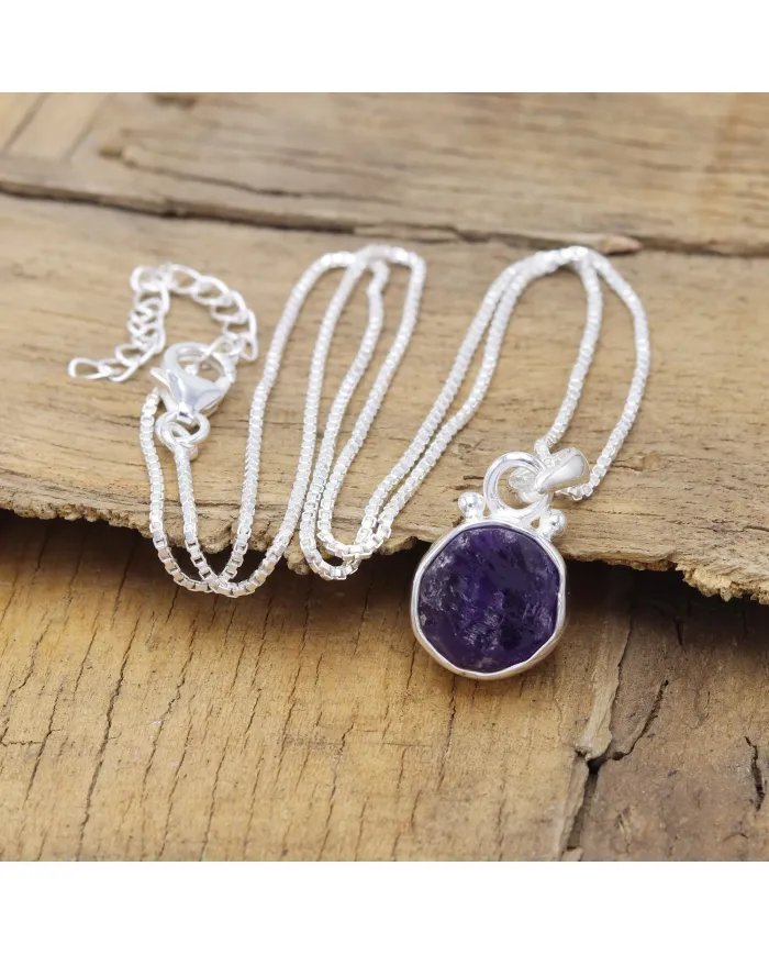 Handmade Sterling Silver Pendant Raw Amethyst Gemstone Statement Necklace