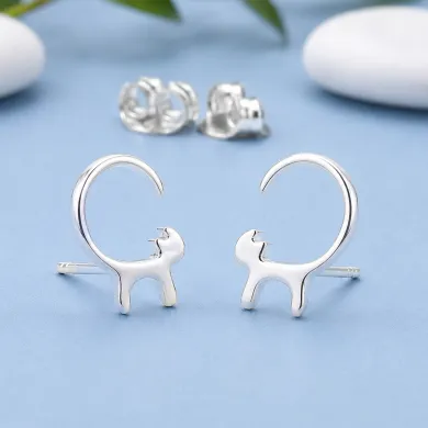 Cat Stud Earrings 925 Sterling Silver Handmade Minimalist Jewelry