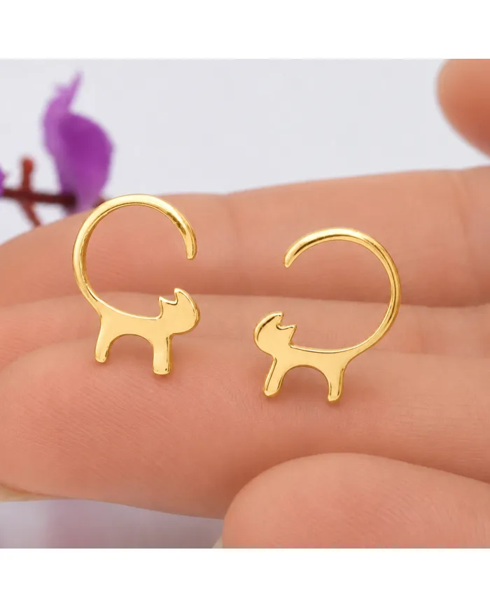 18K Gold Plated Cat Stud Earrings 925 Sterling Silver Minimalist Jewelry
