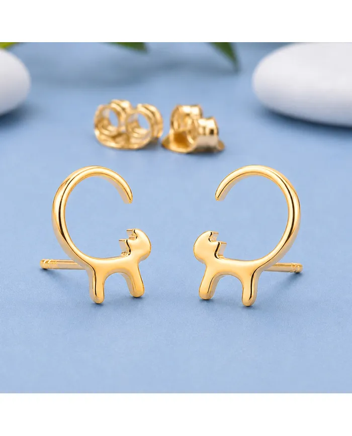 18K Gold Plated Cat Stud Earrings 925 Sterling Silver Minimalist Jewelry
