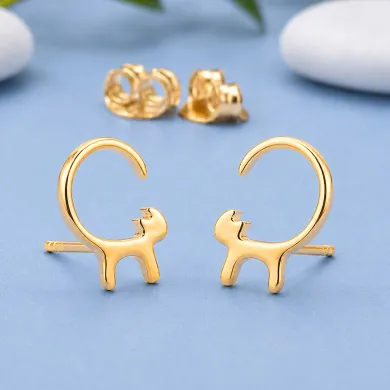 18K Gold Plated Cat Stud Earrings 925 Sterling Silver Minimalist Jewelry