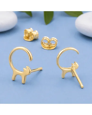 18K Gold Plated Cat Stud Earrings 925 Sterling Silver Minimalist Jewelry