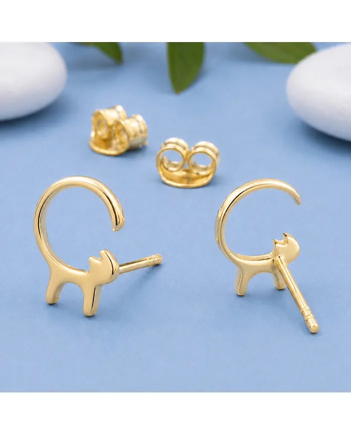 18K Gold Plated Cat Stud Earrings 925 Sterling Silver Minimalist Jewelry