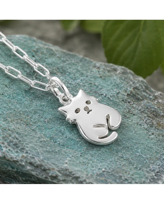 925 Sterling Silver Cute Cat Charm Pendant Necklace Handmade Jewelry