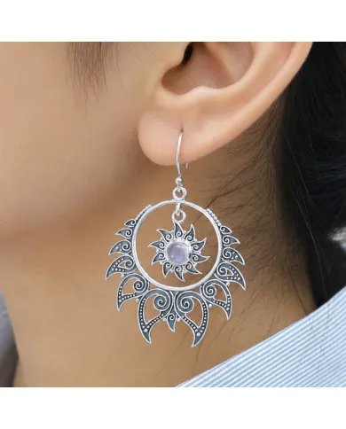 Moonstone Dangle Earrings 925 Sterling Silver Handmade Bohemian Jewelry