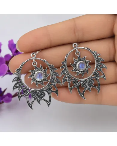 Moonstone Dangle Earrings 925 Sterling Silver Handmade Bohemian Jewelry