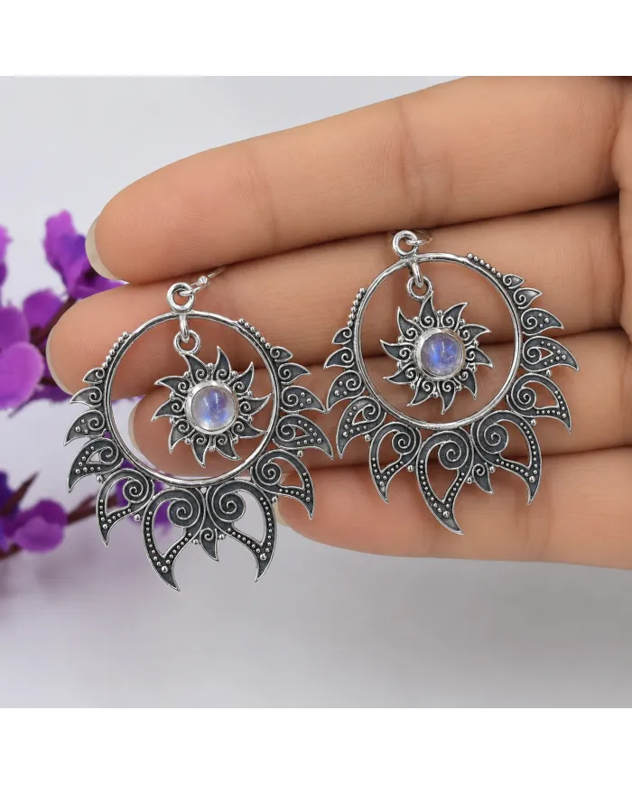 Moonstone Dangle Earrings 925 Sterling Silver Handmade Bohemian Jewelry
