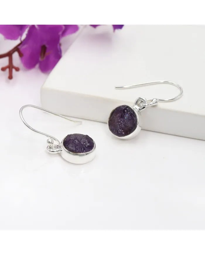 Natural Amethyst Raw Gemstone Earrings - Sterling Silver Dangle Earrings for Women