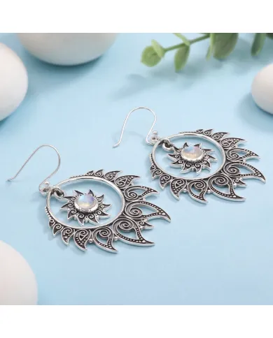 Moonstone Dangle Earrings 925 Sterling Silver Handmade Bohemian Jewelry
