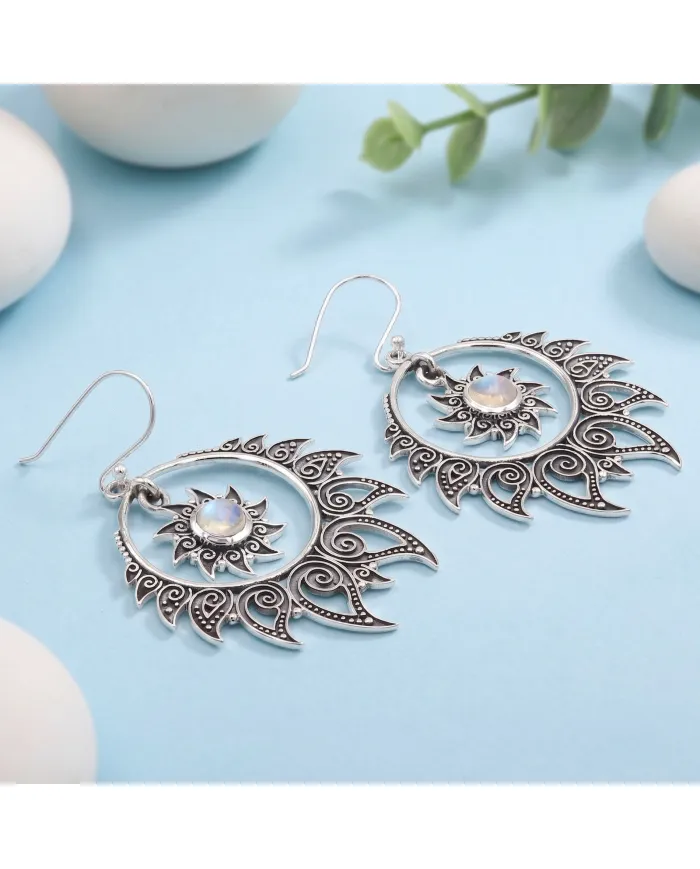 Moonstone Dangle Earrings 925 Sterling Silver Handmade Bohemian Jewelry