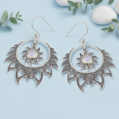 Moonstone Dangle Earrings 925 Sterling Silver Handmade Bohemian Jewelry