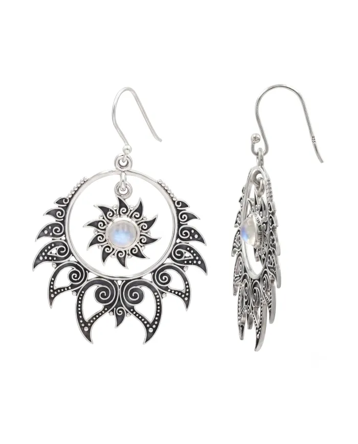 Moonstone Dangle Earrings 925 Sterling Silver Handmade Bohemian Jewelry
