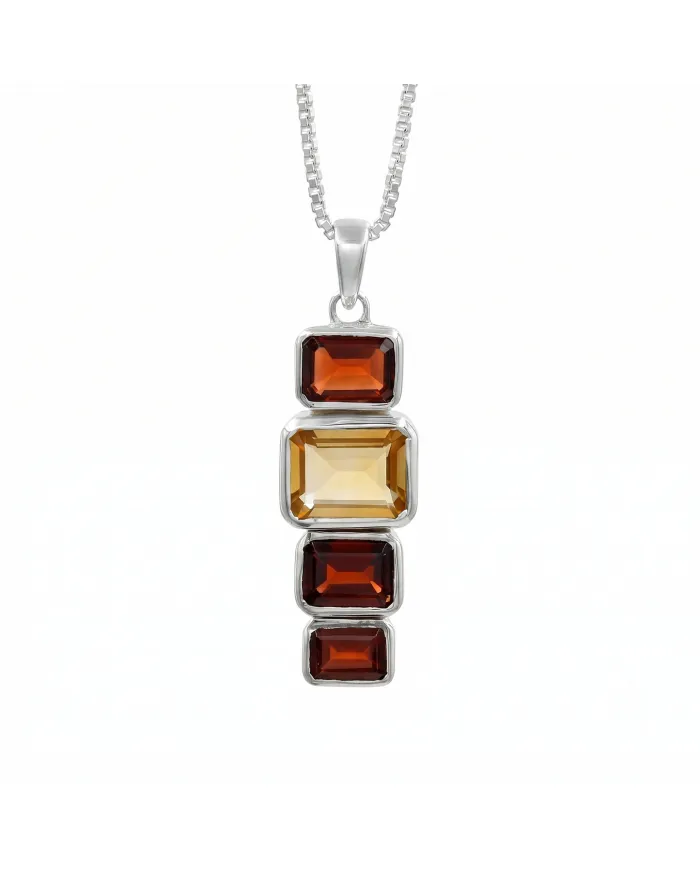 Citrine & Garnet Pendant Necklace 925 Sterling Silver Handmade Jewelry