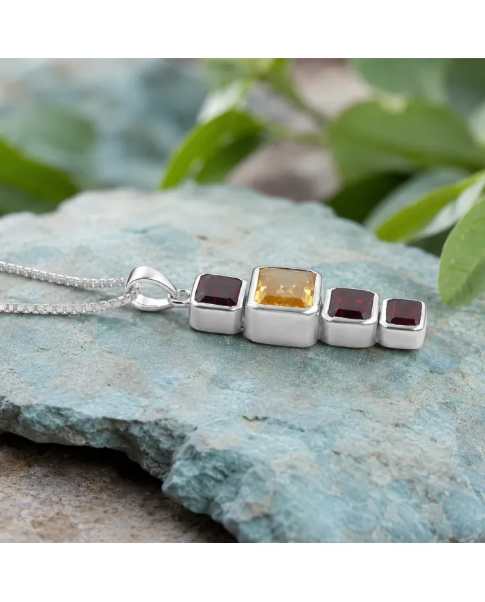 Citrine & Garnet Pendant Necklace 925 Sterling Silver Handmade Jewelry