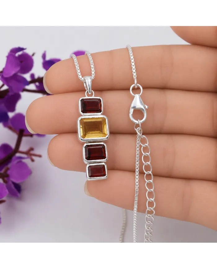 Citrine & Garnet Pendant Necklace 925 Sterling Silver Handmade Jewelry
