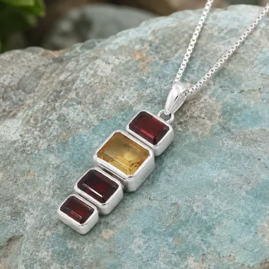 Citrine & Garnet Pendant Necklace 925 Sterling Silver Handmade Jewelry