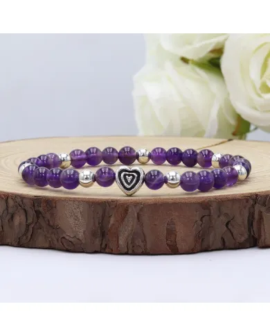 Amethyst Bead Bracelet with Silver Heart Charm