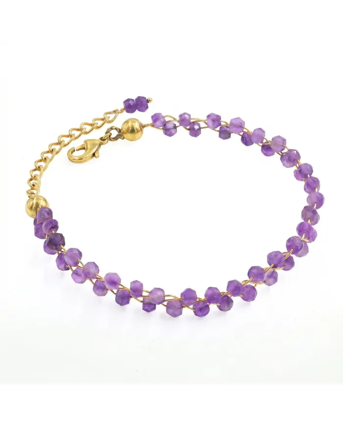 18k Gold Plated Over Brass Amethyst Beaded Bracelet - Handmade Jewelry