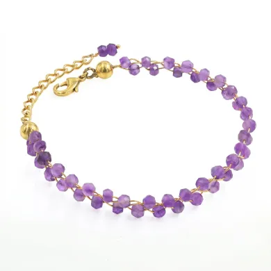18k Gold Plated Over Brass Amethyst Beaded Bracelet - Handmade Jewelry