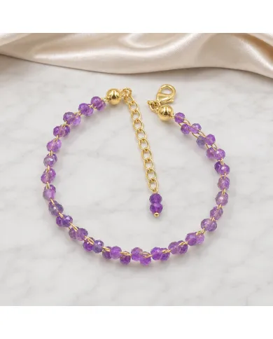 18k Gold Plated Over Brass Amethyst Beaded Bracelet - Handmade Jewelry