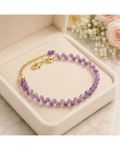 18k Gold Plated Over Brass Amethyst Beaded Bracelet - Handmade Jewelry