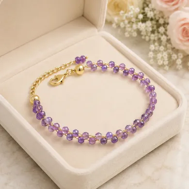 18k Gold Plated Over Brass Amethyst Beaded Bracelet - Handmade Jewelry