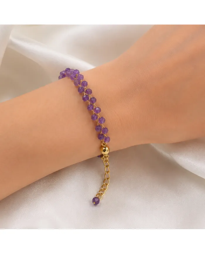 18k Gold Plated Over Brass Amethyst Beaded Bracelet - Handmade Jewelry