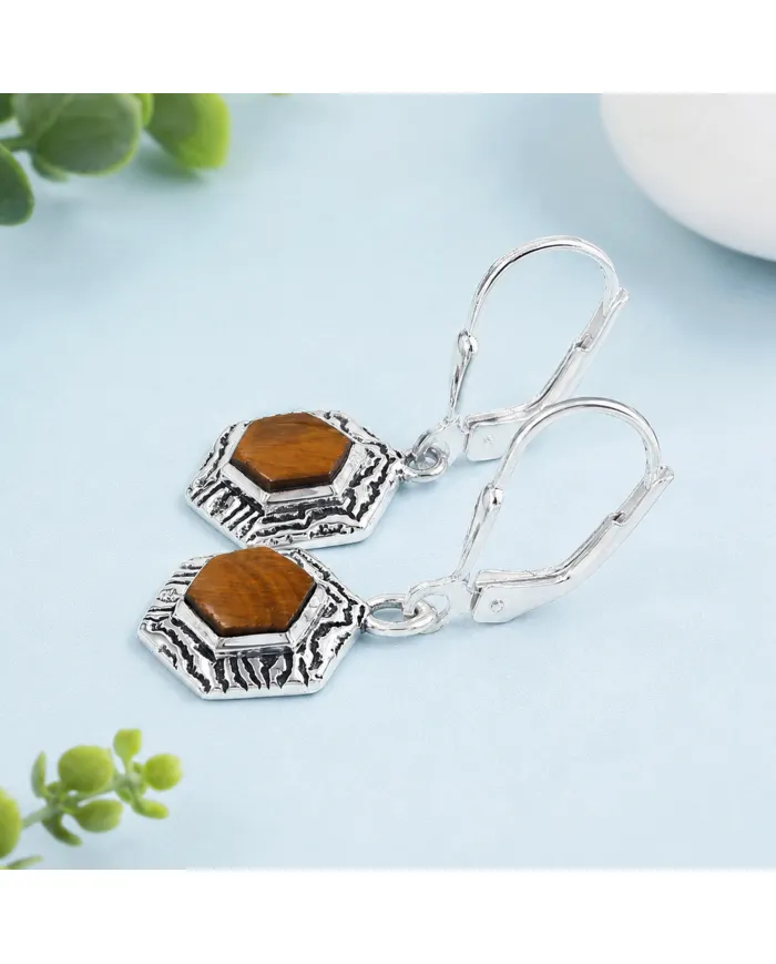 Tiger Eye Gemstone Dangle Earrings - 925 Sterling Silver Jewelry for Her