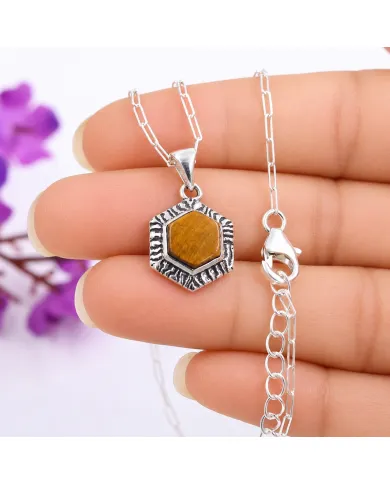 Tiger Eye Gemstone Pendant Necklace in 925 Sterling Silver Chain
