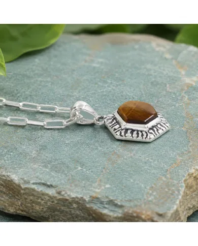 Tiger Eye Gemstone Pendant Necklace in 925 Sterling Silver Chain