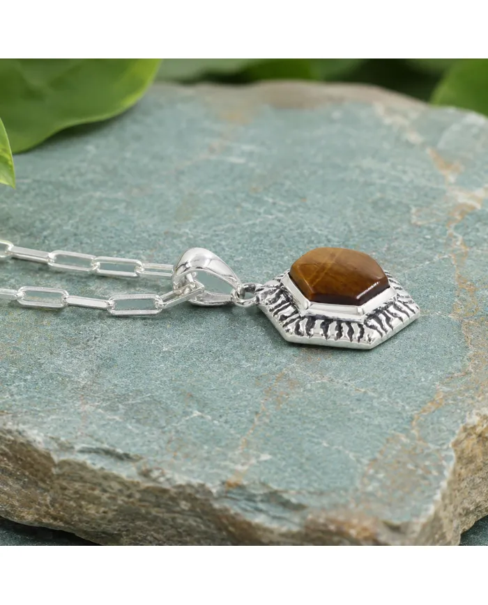 Tiger Eye Gemstone Pendant Necklace in 925 Sterling Silver Chain