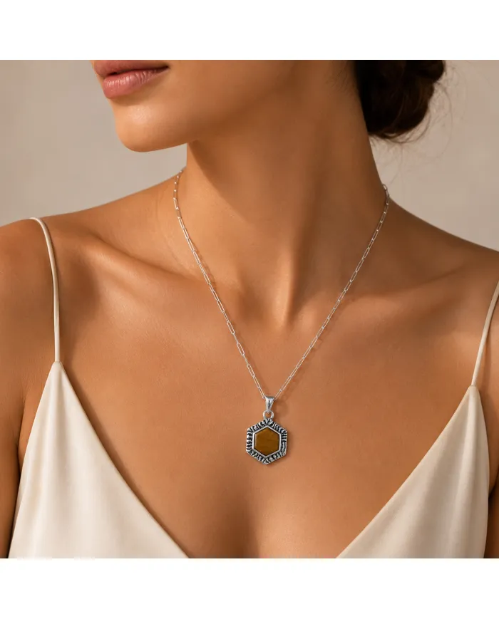 Tiger Eye Gemstone Pendant Necklace in 925 Sterling Silver Chain