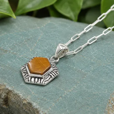 Tiger Eye Gemstone Pendant Necklace in 925 Sterling Silver Chain