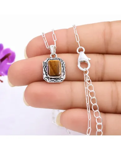 925 Sterling Silver Tiger Eye Pendant – Handmade Dainty Jewelry for Her